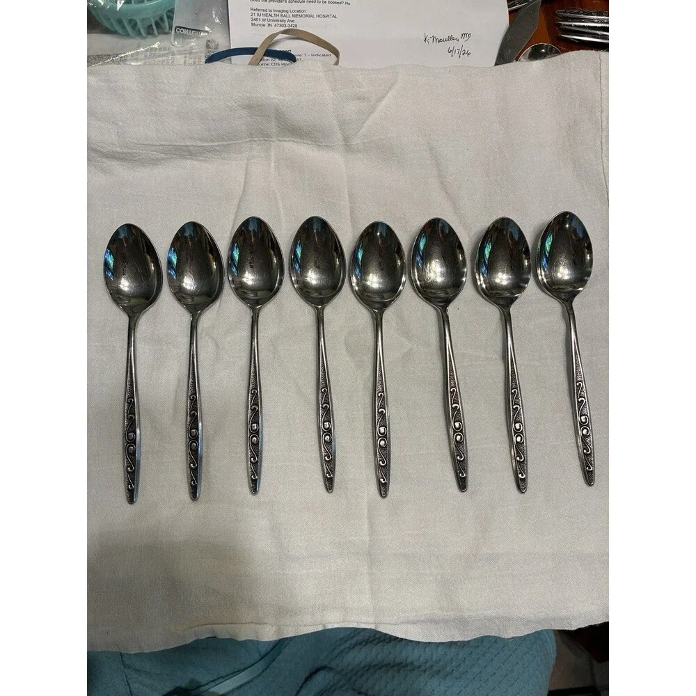 HF Hanford Forge RUTGERS Stainless Flatware  TEASPOONS Lot Of 8 Japan MCM